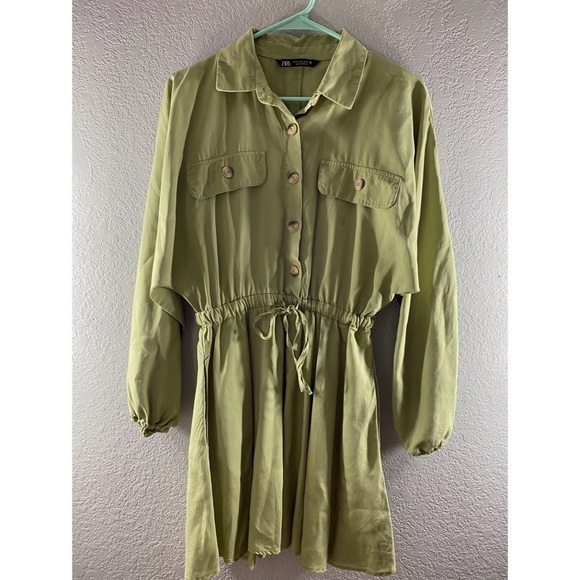 Zara Army Green Button Waist Tie Collared Mini Dress - Picture 1 of 11